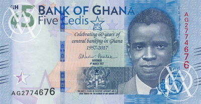 Ghana - Pick 43 - 5 Cedis - 2017 rok - banknot okolicznościowy z okazji 60-lecia banknowości centralnej w Ghanie