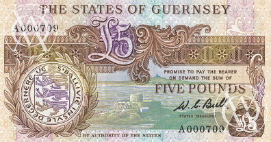 Guernsey - Pick 49a - 5 Pounds - 1980 rok - niski numer seryjny