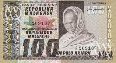 Madagascar - Pick 63 - 20 Ariary - 100 Francs - 1974 rok