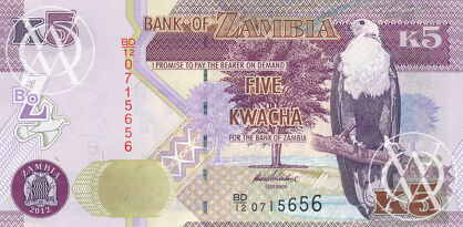 Zambia - Pick 50a - 5 Kwacha - 2012 rok