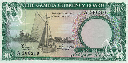 Gambia - Pick 1-3 - zestaw wszystkich trzech banknotów o nominałach 10 Shillings, 1 Pound i 5 Pounds - 1965/70 rok