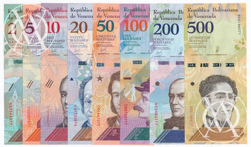 Venezuela - Pick 101-108 zestaw wszystkich ośmiu banknotów o nominałach 2, 5, 10, 20, 50, 100, 200 i 500 Bolivares - cała seria nowej emisji z 2018 roku