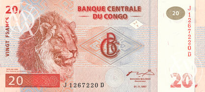 Congo Democratic Republic - Pick 88A - 20 Francs - 1997 rok