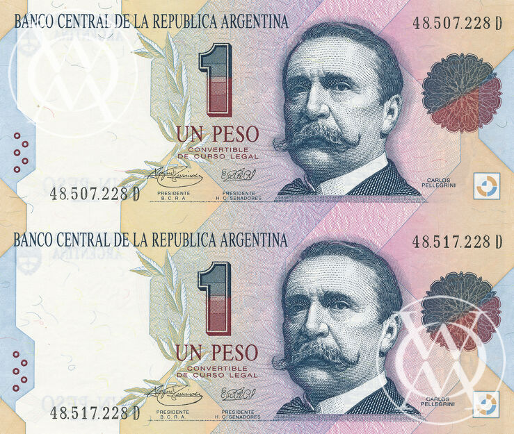 Argentina - Pick 339b - 1 Peso - 1993 rok - podwójny banknot - arkusz